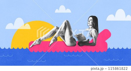 Contemporary art collage. Perfect vacation moment. Relaxing on bright pink float, woman in swimsuit lounges on serene ocean. 115861822