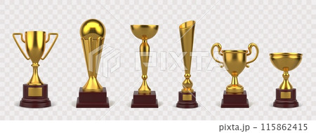 Winner cup. Gold soccer champion award, 3d golden goblet or prize for sport win, victory confetti on tournament. Realistic isolated elements different forms. Success competition vector concept 115862415