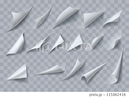 Paper page. Fold, turn and flip corners, realistic isolated on transparent background elements, curl and peel book sheet with shadows, edge and sticker back label. Vector graphic design set 115862416