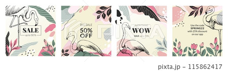 Sale banner. Shopping discount. Flamingo and flowers sketch. Online marketing. Store special offer. Social media shop voucher. Tropical leaves. Exotic bird. Promotion coupons vector set 115862417