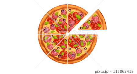 Pizza pieces. Cheese part of ready to eat cut food top view, cook dinner from sausage, tomato and italian olive. Online pizzeria delivery element for advertising realistic vector illustration 115862418