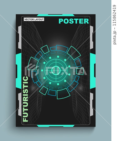 Grunge poster. Digital viewfinder. Space stars. Cyber frame. Game aiming. Astronaut spaceship. Universe infinity. Galaxy shuttle shooting. Spacecraft discovery flight. Vector Sci-Fi card 115862419
