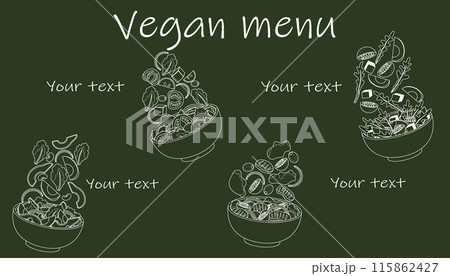 Healthy salad. Vegan menu. Diet dinner. Chalkboard line drawing. Meal bowl with vegetable slices. Vegetarian food. Arugula leaves and tomato pieces. Vector restaurant blackboard banner Healthy salad. Vegan menu. Diet dinner. Chalkboard line drawing. Meal bowl with vegetable slices. Vegetarian food. Arugula leaves and tomato pieces. Vector restaurant blackboard banner 115862427