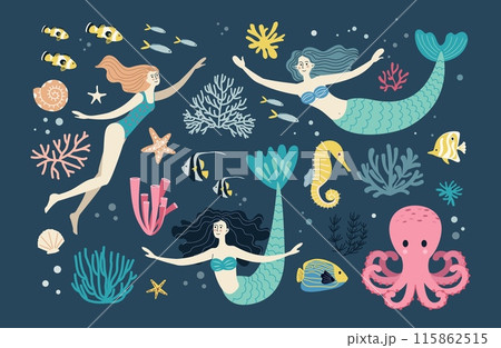 Mermaids. Sea witch, underwater mythological creature with hand drawn swimming ocean plants, shell and coral, octopus and fish, cute girl swimmer. Vector art cartoon flat isolated illustration 115862515