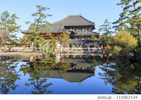 奈良県奈良市　秋の東大寺　鏡池に映る中門と大仏殿 115862534