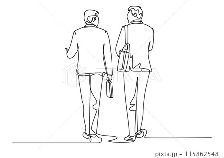 Continuous one line drawing back view two young male managers walking in hurry while discussing and try not be late for work. Urban commuter worker. Single line draw design vector graphic illustration Continuous one line drawing back view two young male managers walking in hurry while discussing and try not be late for work. Urban commuter worker. Single line draw design vector graphic illustration 115862548