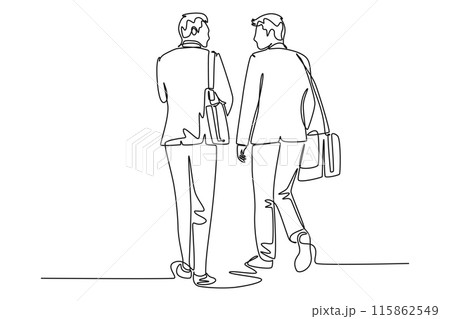 Continuous one line drawing back view of young happy business men talking to his colleagues when walking approaching office. Business conversation. Single line draw design vector graphic illustration 115862549
