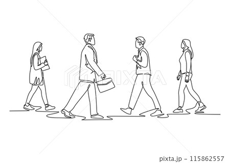 Single continuous line drawing group urban commuters walking pass over and over again on city street go to the office. Urban commuter workers. Dynamic one line draw graphic design vector illustration Single continuous line drawing group urban commuters walking pass over and over again on city street go to the office. Urban commuter workers. Dynamic one line draw graphic design vector illustration 115862557