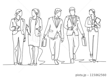 Single continuous line drawing of young male and female workers walking together neatly in a row in city street go to office. Urban commuter workers. One line draw graphic design vector illustration Single continuous line drawing of young male and female workers walking together neatly in a row in city street go to office. Urban commuter workers. One line draw graphic design vector illustration 115862560
