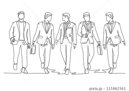 Single one line drawing of young happy male sales managers walking together and discussing new selling strategy. Urban commuter workers concept. Continuous line draw design graphic vector illustration 115862561