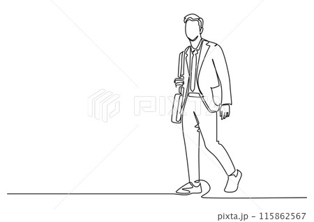 Single one line drawing young male worker walking hurry on city street to go to the office while holding document. Urban commuter worker. Modern continuous line draw design graphic vector illustration Single one line drawing young male worker walking hurry on city street to go to the office while holding document. Urban commuter worker. Modern continuous line draw design graphic vector illustration 115862567