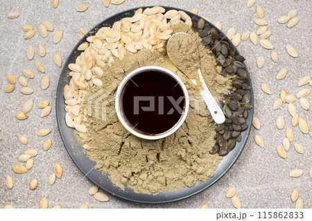 Pumpkin products - oil, flour and pumpkin seeds. Pumpkin products - oil, flour and pumpkin seeds. 115862833