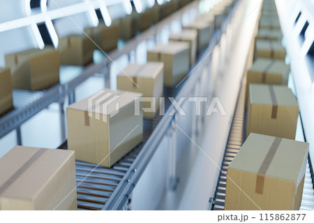 Carton boxes moving on conveyors at futuristic warehouse. 3d render 115862877