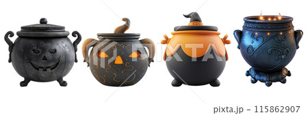 Set of isolated cute 3d rendering pot model of Halloween decorations on transparent background. 4 styles of Witch's Cauldron in black and orange color tone. 115862907