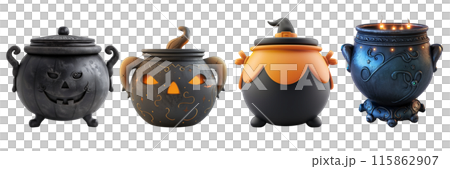Set of isolated cute 3d rendering pot model of Halloween decorations on transparent background. 4 styles of Witch's Cauldron in black and orange color tone. 115862907