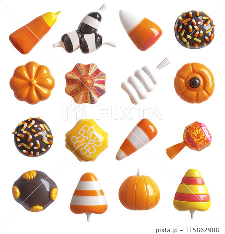 Set of isolated cute 3d render candy for Halloween decorations on transparent background. Glossy handmade ornamental ceramics of candy and pumpkins for Halloween. 115862908