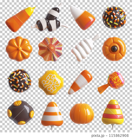 Set of isolated cute 3d render candy for Halloween decorations on transparent background. Glossy handmade ornamental ceramics of candy and pumpkins for Halloween. 115862908