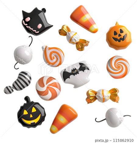 Set of isolated cute 3d render candy for Halloween decorations on transparent background. Glossy handmade ornamental ceramics of candy and ghost for Halloween. Set of isolated cute 3d render candy for Halloween decorations on transparent background. Glossy handmade ornamental ceramics of candy and ghost for Halloween. 115862910