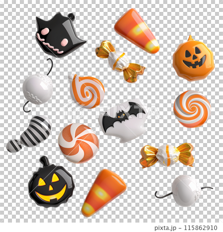 Set of isolated cute 3d render candy for Halloween decorations on transparent background. Glossy handmade ornamental ceramics of candy and ghost for Halloween. Set of isolated cute 3d render candy for Halloween decorations on transparent background. Glossy handmade ornamental ceramics of candy and ghost for Halloween. 115862910