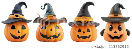 Set of isolated cute 3d rendering doll model of Halloween decorations on transparent background. 4 styles of jack o'lantern wearing a wizard hat in black and orange color tone. 115862916