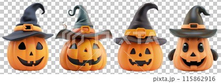 Set of isolated cute 3d rendering doll model of Halloween decorations on transparent background. 4 styles of jack o'lantern wearing a wizard hat in black and orange color tone. 115862916