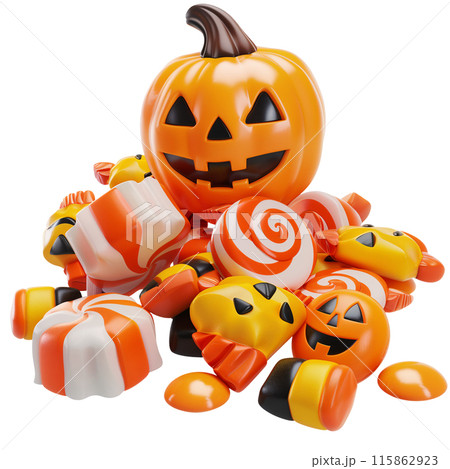 Isolated cute 3d render candy for Halloween decorations on transparent background. Glossy handmade ornamental ceramics of a pile of candy and pumpkins. 115862923