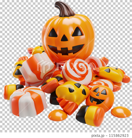 Isolated cute 3d render candy for Halloween decorations on transparent background. Glossy handmade ornamental ceramics of a pile of candy and pumpkins. 115862923