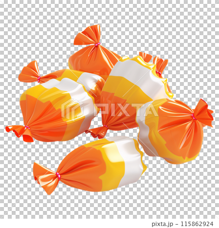 Isolated cute 3d render candy for Halloween decorations on transparent background. Glossy handmade ornamental ceramics of a pile of candy. Isolated cute 3d render candy for Halloween decorations on transparent background. Glossy handmade ornamental ceramics of a pile of candy. 115862924