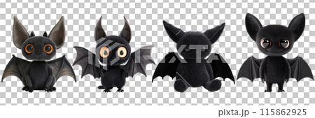 Set of isolated cute 3d rendering hat model of Halloween decorations on transparent background. 4 styles of bats in black color tone. Set of isolated cute 3d rendering hat model of Halloween decorations on transparent background. 4 styles of bats in black color tone. 115862925