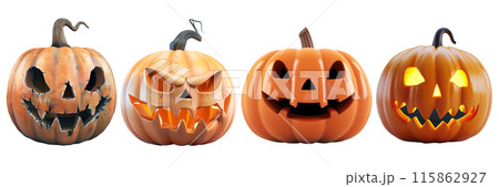 Set of isolated cute 3d rendering doll model of Halloween decorations on transparent background. 4 styles of smiling pumpkins, jack o'lantern. 115862927