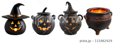 Set of isolated cute 3d rendering pot model of Halloween decorations on transparent background. 4 styles of Witch's Cauldron in black and orange color tone. 115862929