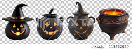 Set of isolated cute 3d rendering pot model of Halloween decorations on transparent background. 4 styles of Witch's Cauldron in black and orange color tone. 115862929