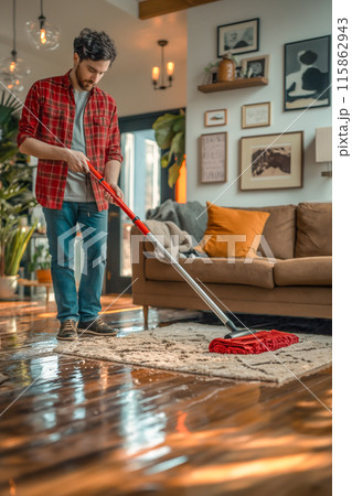 A man is cleaning a floor with a red mop 115862943