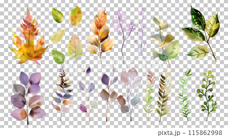 Set of colourful botanical leaves in watercolor paint style on a transparent background. Isolated flowers and leaves for decoration elements in pastel purple, orange and green colors. 115862998