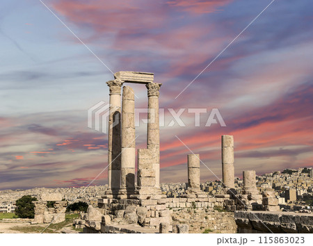 Amman city landmarks-- old roman Citadel Hill, Jordan. Against the background of a beautiful sky with clouds 115863023