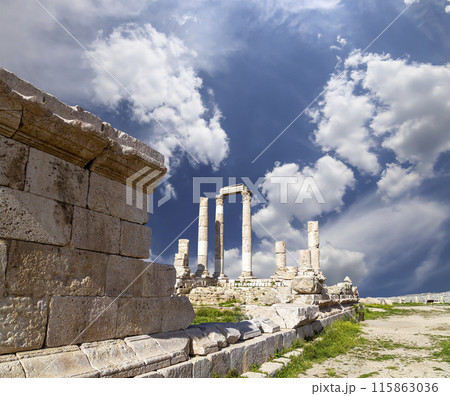 Amman city landmarks-- old roman Citadel Hill, Jordan. Against the background of a beautiful sky with clouds 115863036