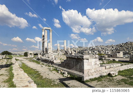 Amman city landmarks-- old roman Citadel Hill, Jordan. Against the background of a beautiful sky with clouds 115863065