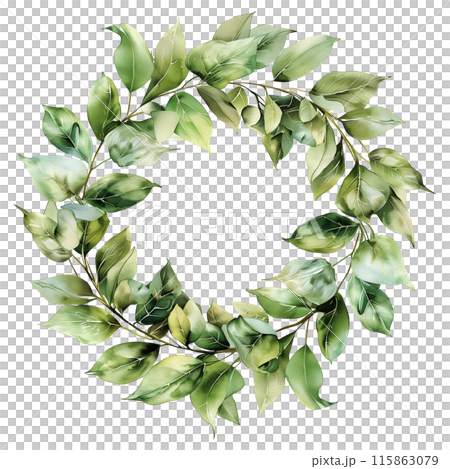Isolated wreath in watercolor painting style on a transparent background in green color tone, volume 2. Isolated wreath in watercolor painting style on a transparent background in green color tone, volume 2. 115863079