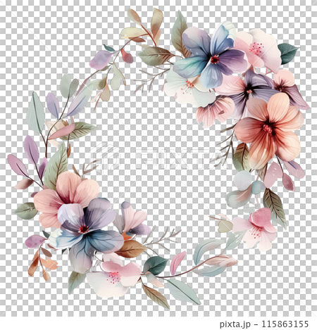 Isolated wreath in watercolor painting style on a transparent background in colorful pastel color tone. 115863155