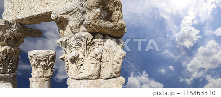Amman city landmarks-- old roman Citadel Hill, Jordan. Against the background of a beautiful sky with clouds Amman city landmarks-- old roman Citadel Hill, Jordan. Against the background of a beautiful sky with clouds 115863310