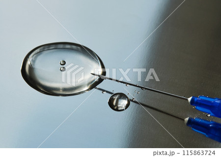 A drop of medicine flowing from a syringe with a needle. 115863724