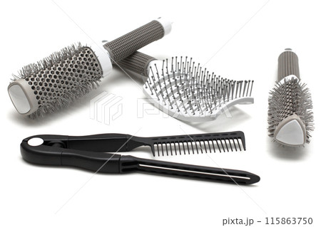 Professional hairdresser tools. Hair brushes or combs on white background 115863750