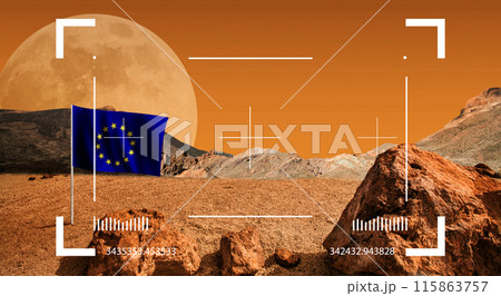 Strange planet landscape. European Union flag on red cosmic ground. Photo with NASA element Strange planet landscape. European Union flag on red cosmic ground. Photo with NASA element 115863757