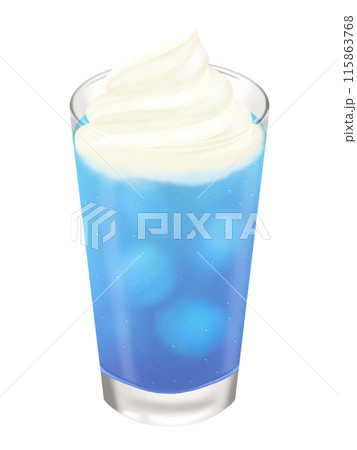 グラスに入った青いクリームソーダ ホイップクリームのせ グラスに入った青いクリームソーダ ホイップクリームのせ 115863768