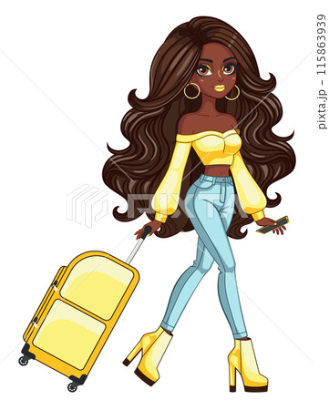 Dark skinned woman with yellow suitcase Dark skinned woman with yellow suitcase 115863939