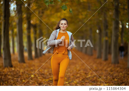 stylish woman in fitness clothes in park running stylish woman in fitness clothes in park running 115864304