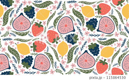 Whimsical seamless pattern featuring illustrations of blackberries, lemons, halved figs, red strawberries, pink flowers, and green leaves, arranged in a kaleidoscope-like design. Modern, organic Whimsical seamless pattern featuring illustrations of blackberries, lemons, halved figs, red strawberries, pink flowers, and green leaves, arranged in a kaleidoscope-like design. Modern, organic 115864530