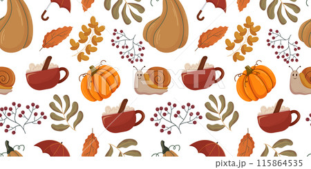 Seamless autumn pattern, cozy elements such as orange pumpkins, cinnamon spiced hot beverages in red mugs, fall leaves, berries, and a cute snail. Warm seasonal motif for textiles and decorations. 115864535