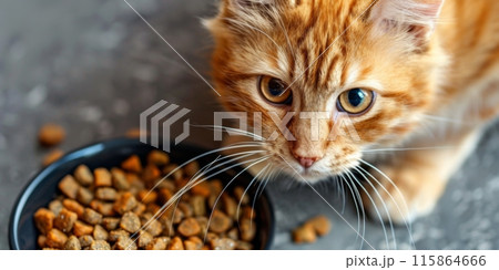 A close-up photo of an orange tabby cat near a bowl 115864666