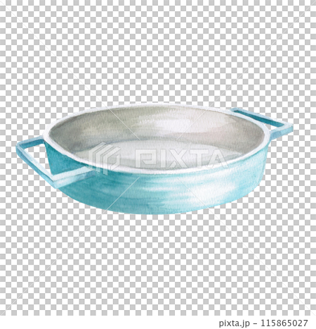 Ceramic baking dish in watercolor illustration on a white background. Hand-drawn illustration for kitchenware stores, invitations, cooking class announcements, magazines Ceramic baking dish in watercolor illustration on a white background. Hand-drawn illustration for kitchenware stores, invitations, cooking class announcements, magazines 115865027